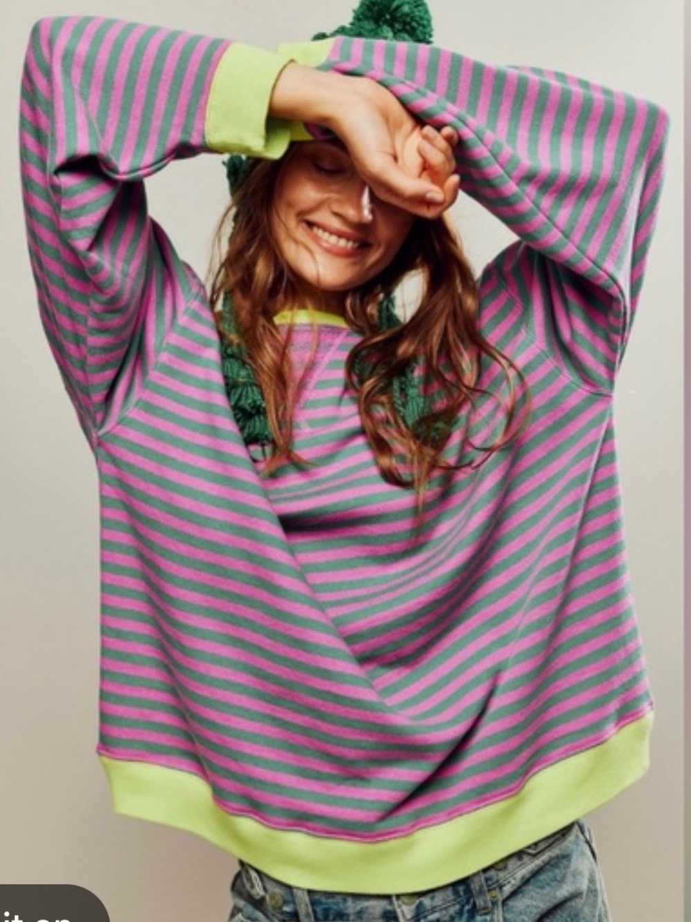We The Free Neon Yellow Trim Pink & Green Striped Sweatshirt